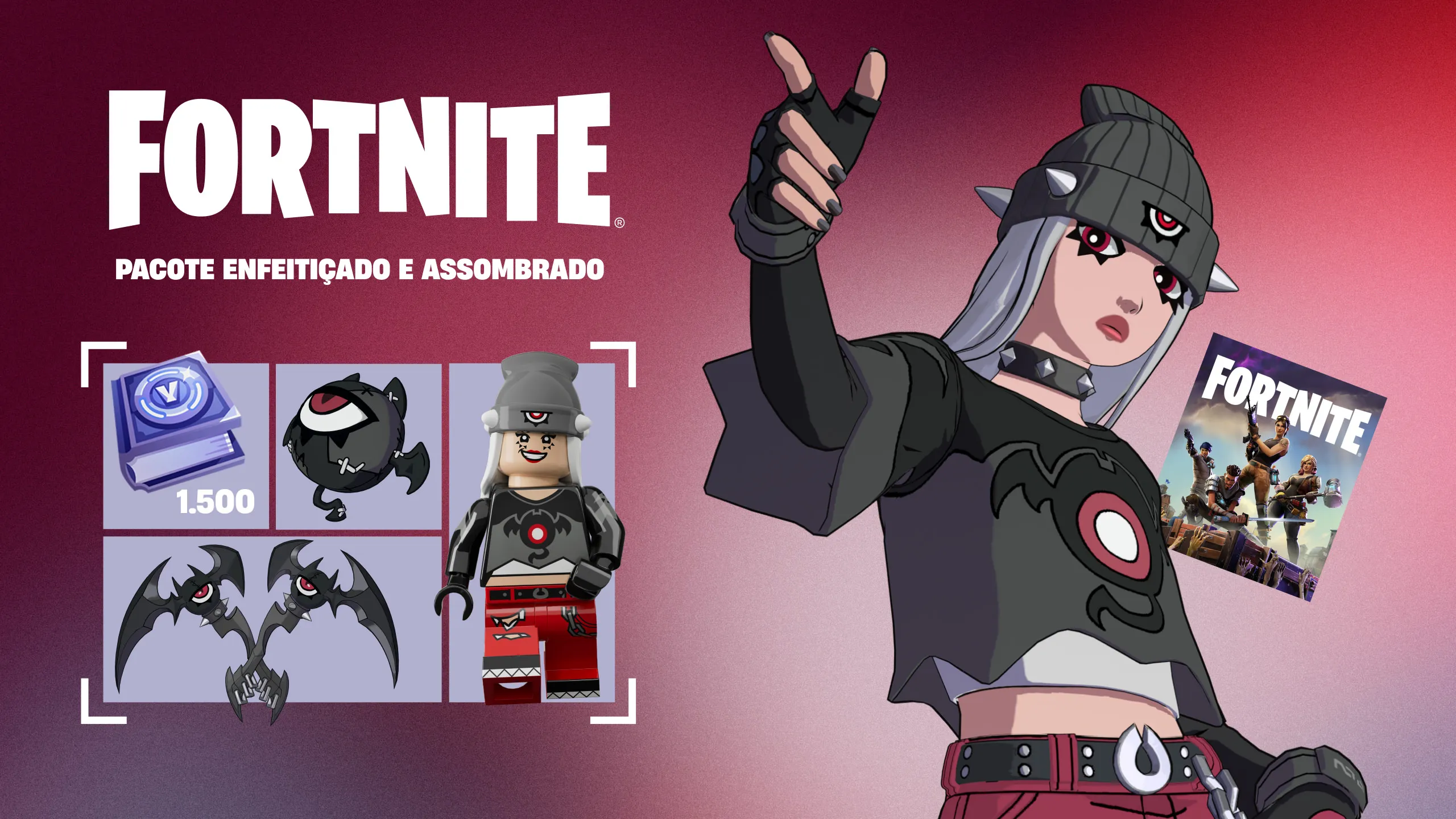 Pacote Feitiço e Assombração - A Greta fica de olho no submundo, enquanto o Ivor fica de olho nela. Fique de guarda em conjunto com o Pacote Feitiço e Assombração, que inclui:

TODAS AS EXPERIÊNCIAS
— Traje Greta Medonha (com Estilo LEGO®)
— Acessório para as Costas Ivor
— Picareta Talhadoras Demoníacas

EXPERIÊNCIA SALVE O MUNDO
— Acesso à Campanha JxA do "Salve o Mundo"
— Desafios Greta Medonha: ganhe até 1.500 V-Bucks ao concluir Tarefas Diárias no Salve o Mundo.

Desafios desbloqueados após a conclusão da missão "Defesa do Escudo Antitempestade da Base Inicial 3" na Campanha "Salve o Mundo".

V-Bucks são moedas do jogo que podem ser usadas no Fortnite. Com elas, você pode adquirir novos itens de personalização na Loja de Itens para usar no Battle Royale do Fortnite, LEGO® Fortnite, Fortnite Festival ou Rocket Racing, além de conteúdo adicional como o Passe de Batalha da Temporada atual!